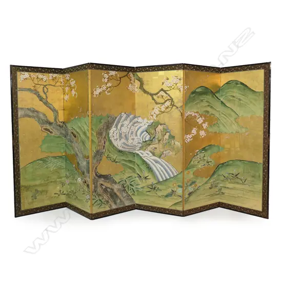 A large Japanese 19thC six panel screen,