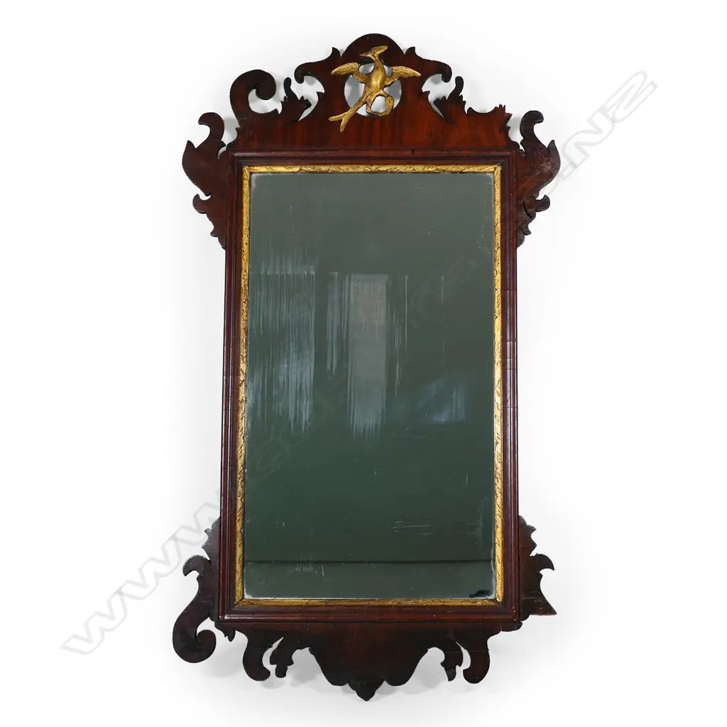 A George III period, mahogany and parcel gilt, fretwork framed wall mirror. Image 1++