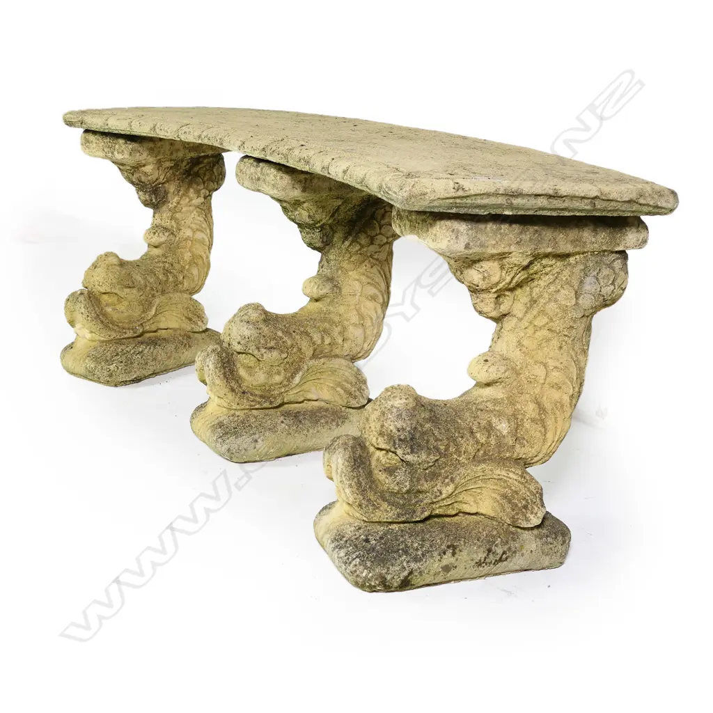 A Churchstone curved bench seat on triple dolphin fish base, Image 1++