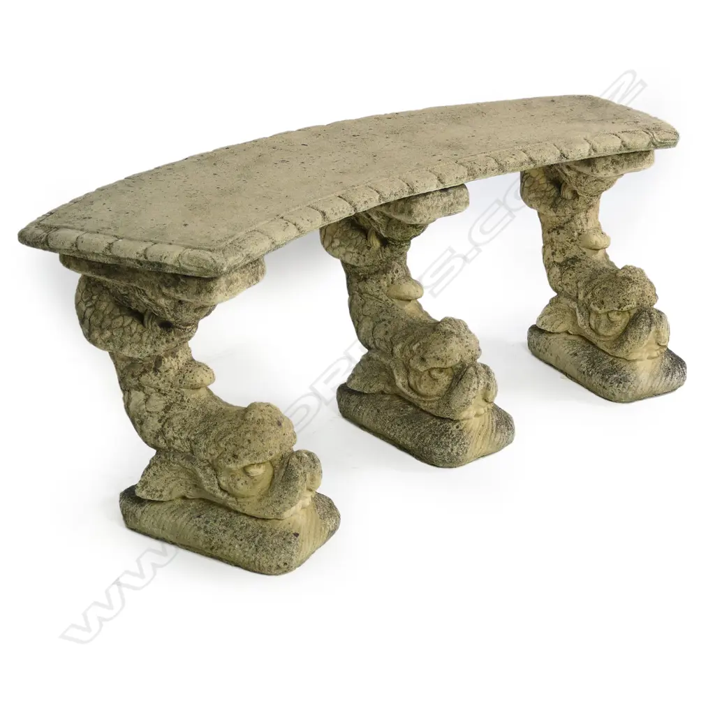 A Churchstone curved bench seat on triple dolphin fish base, Image 1++
