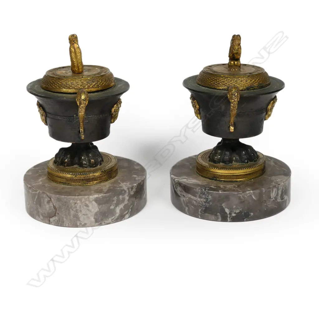 A pair of French Empire small bronze and ormolu censors, Image 1++