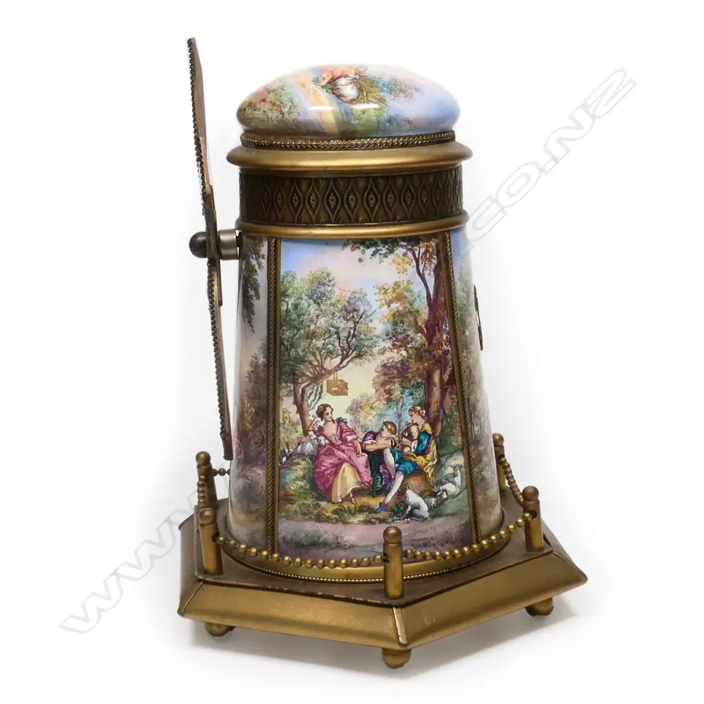 An early 20thc Austrian gilt metal and enamel windmill jewellery music box, Image 1++