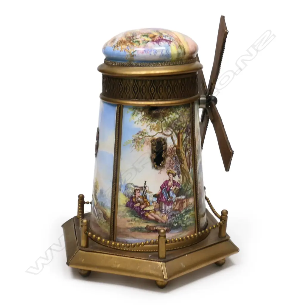 An early 20thc Austrian gilt metal and enamel windmill jewellery music box, Image 1++