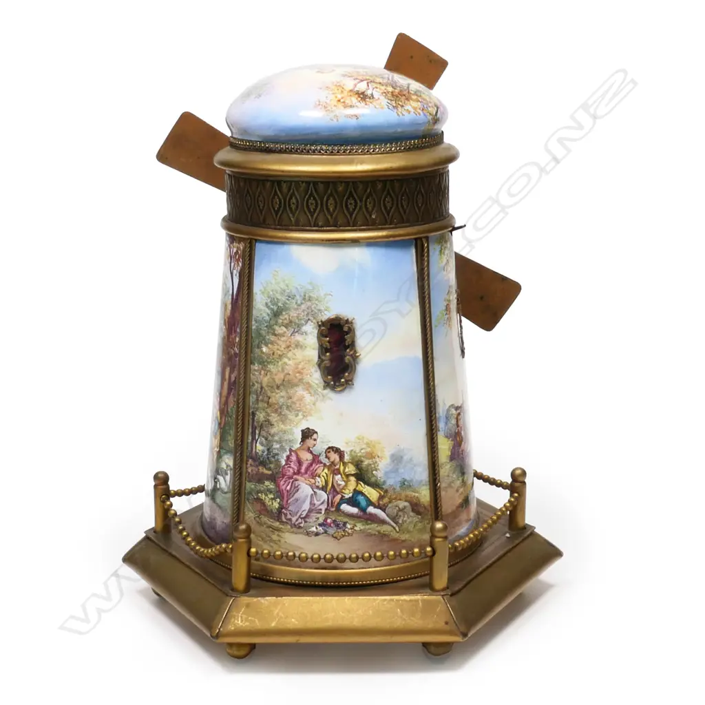 An early 20thc Austrian gilt metal and enamel windmill jewellery music box, Image 1++