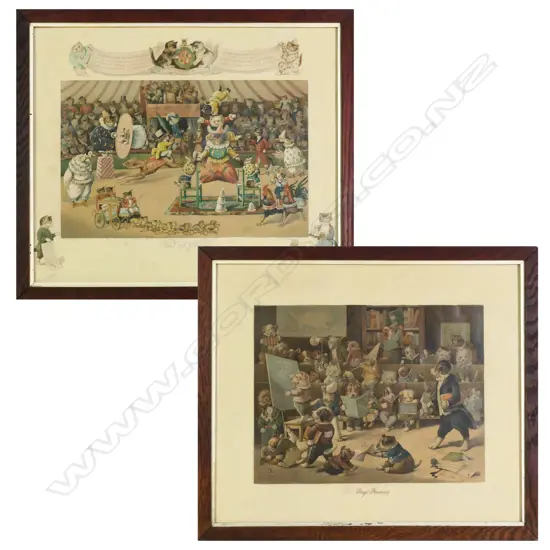 Two vintage prints of Louis Wain cats and dogs,