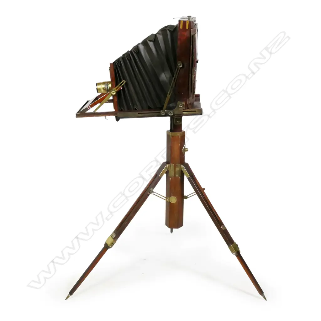 A Victorian mahogany and brass studio camera case and tripod stand, Image 1++