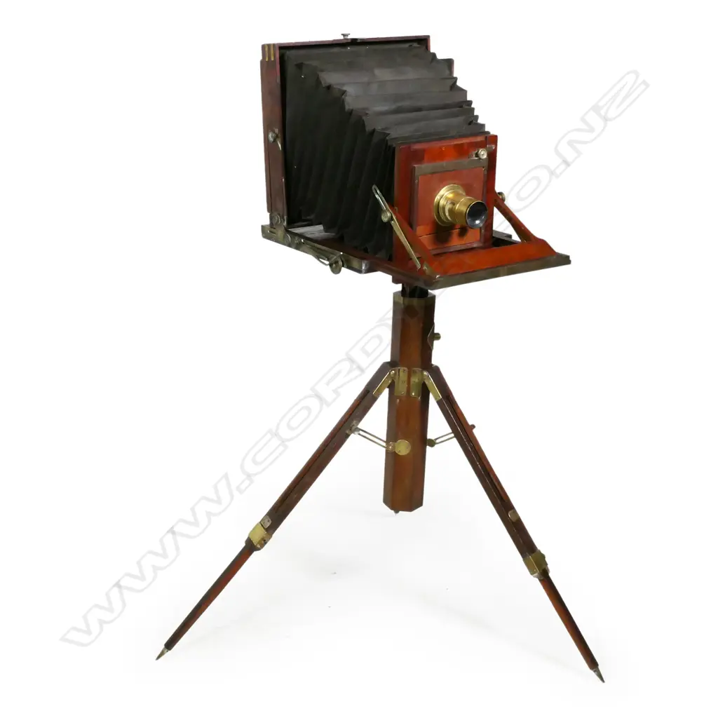 A Victorian mahogany and brass studio camera case and tripod stand, Image 1++
