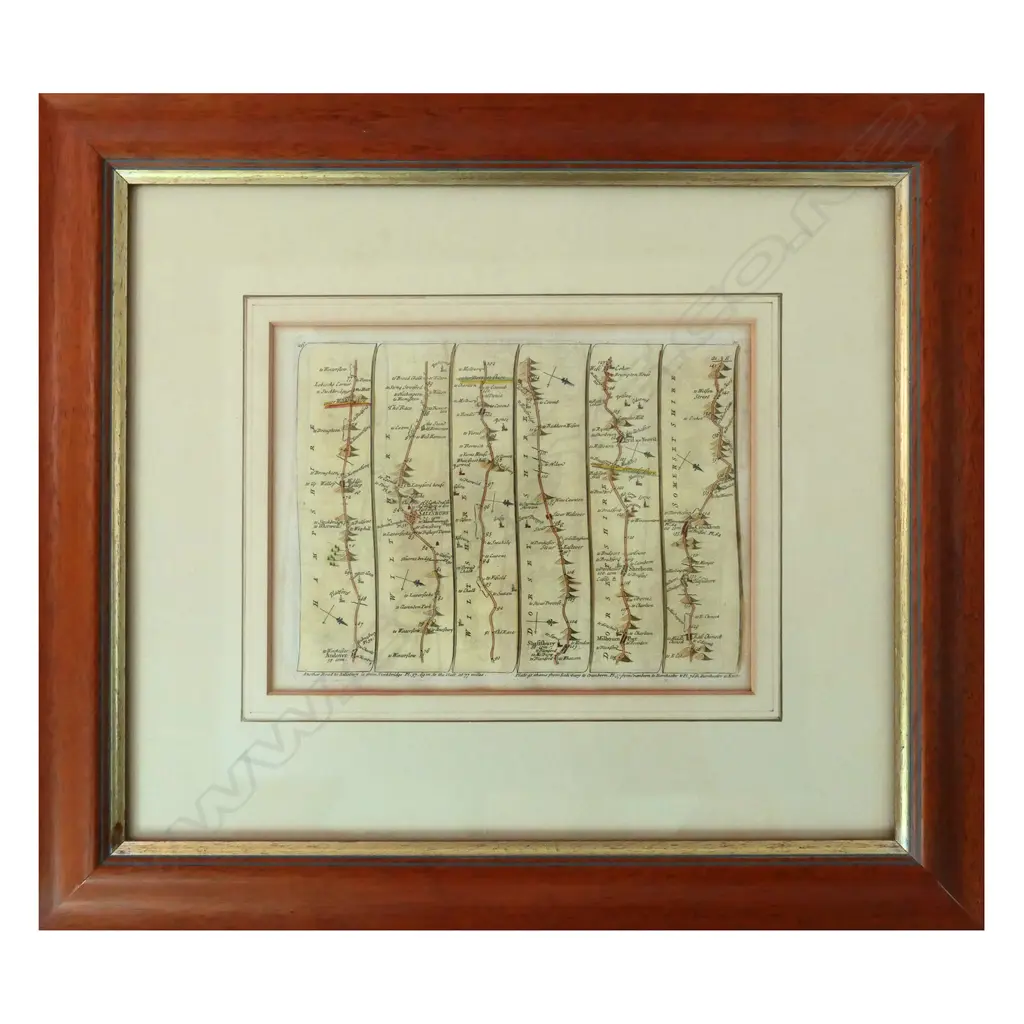 An 18th century Strip Map of the London road from Hampshire through Wiltshire, Dorsetshire, Somersetshire. Image 1++