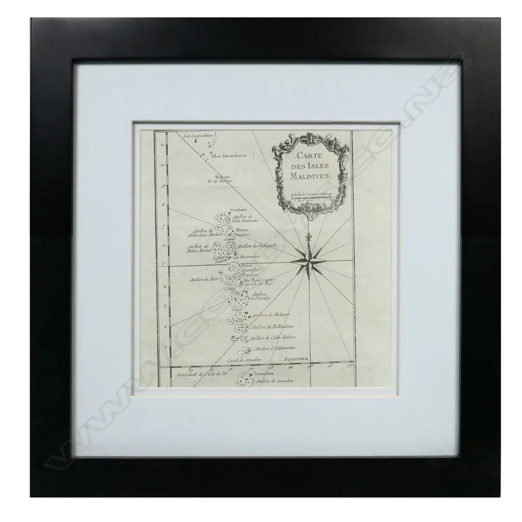 A framed 18thC French map Carte Des Isles Maldives (scale of 50 nautical leagues) Image 1++