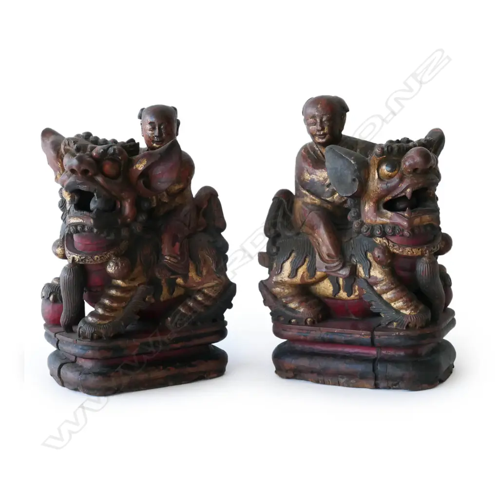 A pair of Chinese carved wooden temple dogs, Image 1++