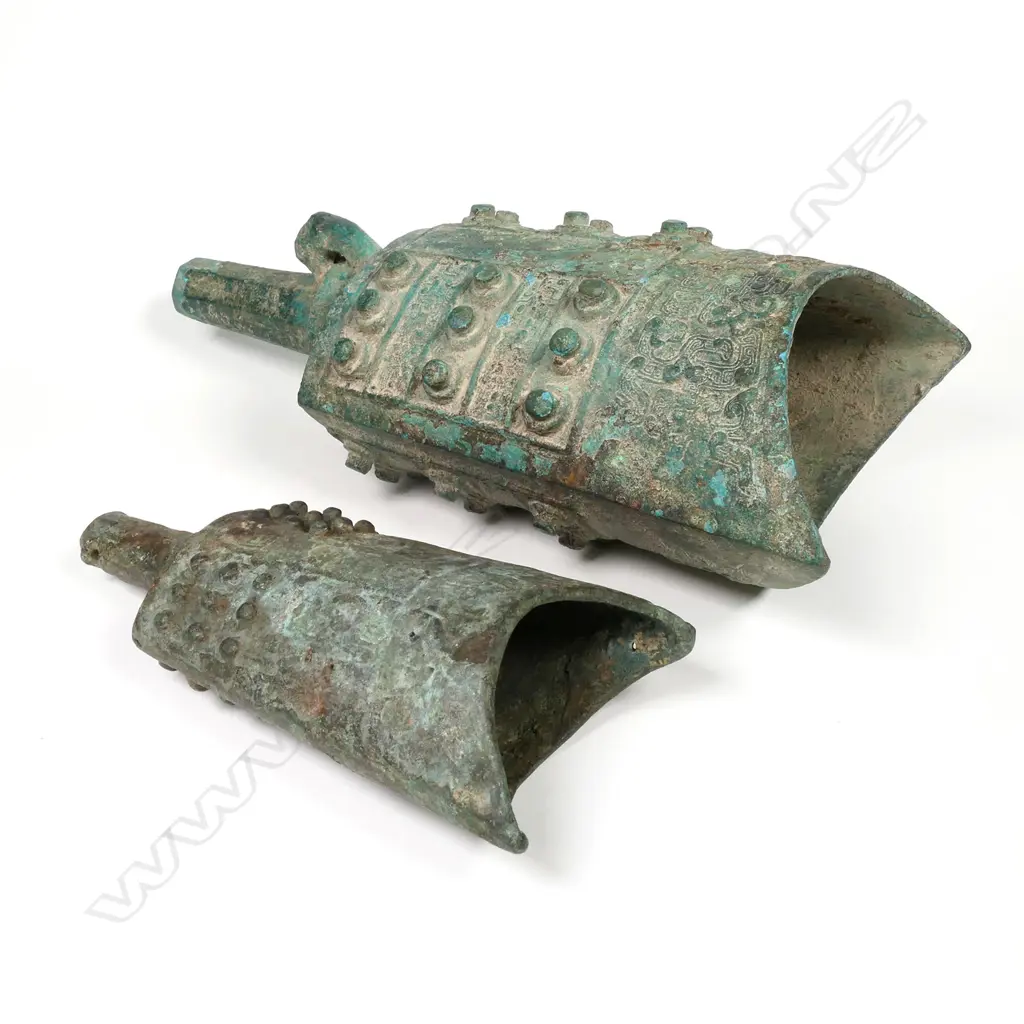 Two Chinese possibly ancient bronze bell type musical instruments, Image 1++