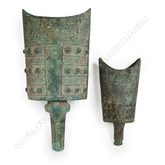 Two Chinese possibly ancient bronze bell type musical instruments,