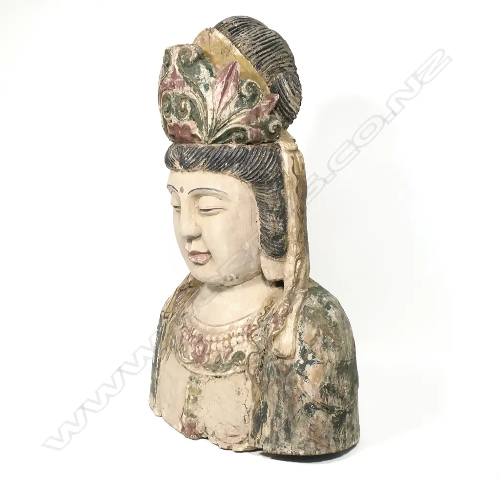 A carved and painted Chinese wooden bust of Kuanyin Image 1++