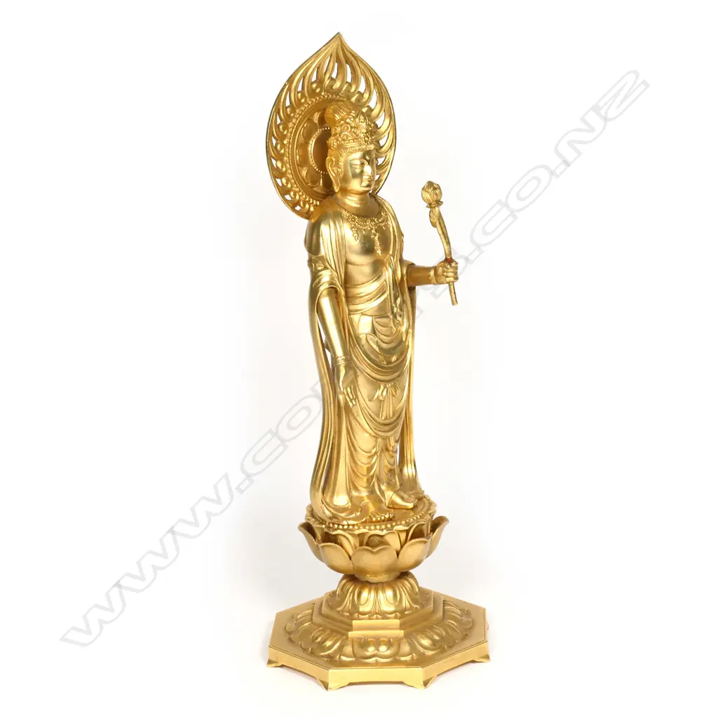 A quality 20thC Japanese gilded bronze standing buddha, Image 1++