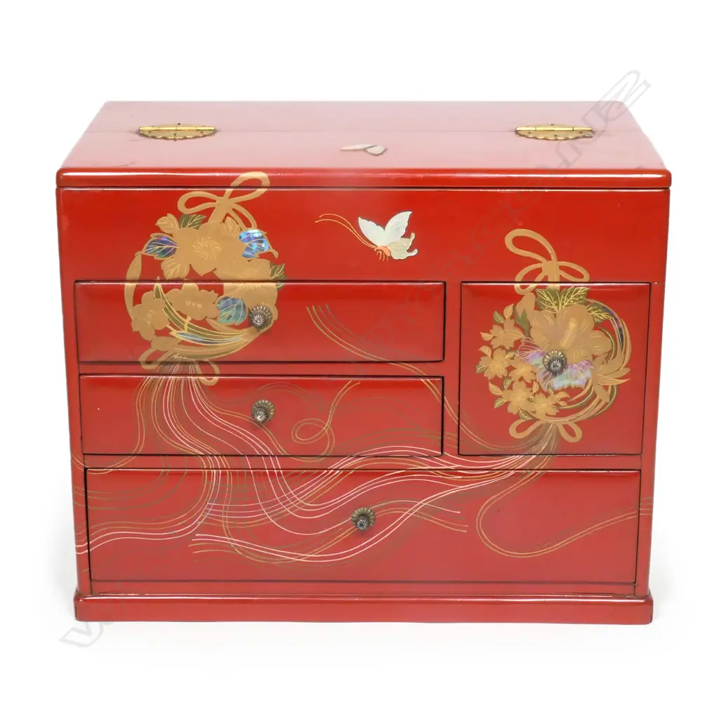 A superb Japanese vermillion lacquered ‘Hari-Bako’ sewing box, Image 1++
