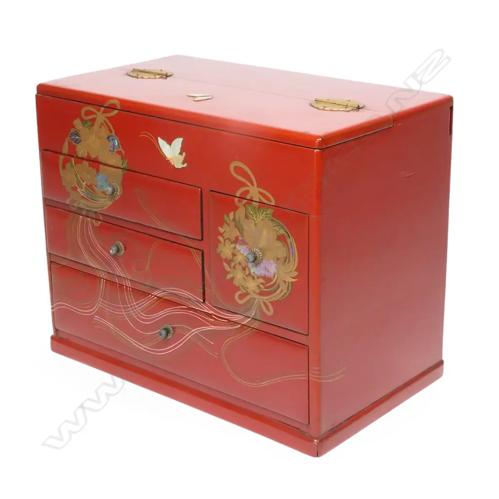 A superb Japanese vermillion lacquered ‘Hari-Bako’ sewing box, Image 1++
