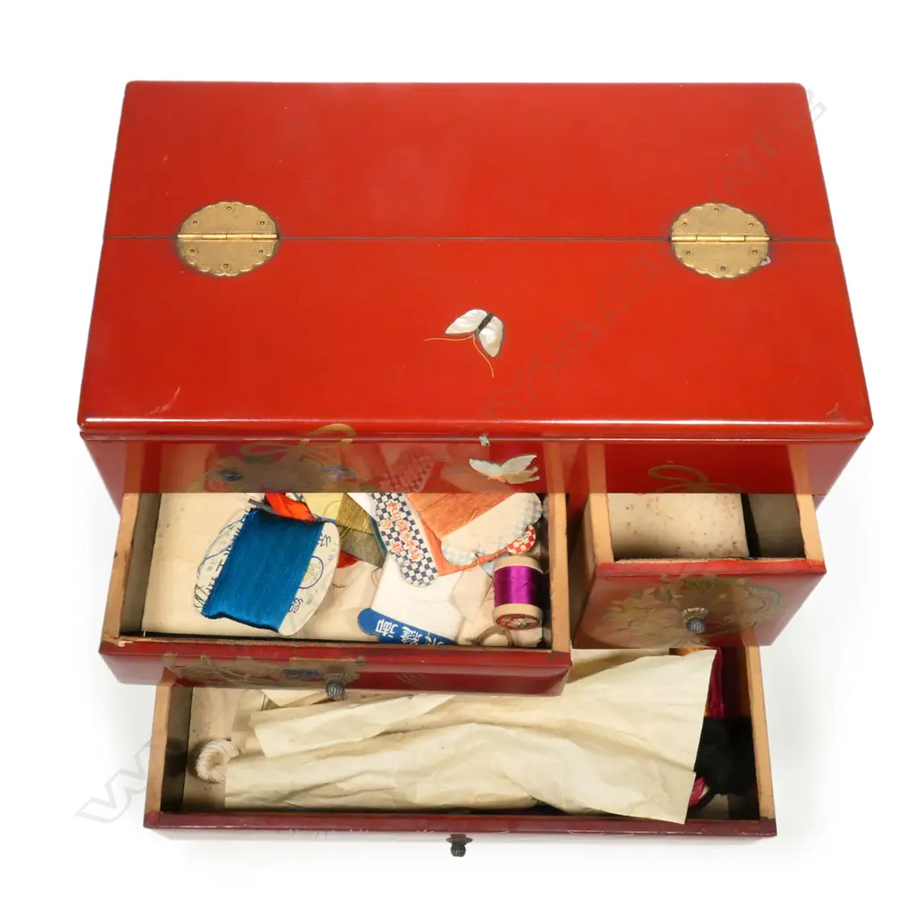 A superb Japanese vermillion lacquered ‘Hari-Bako’ sewing box, Image 1++