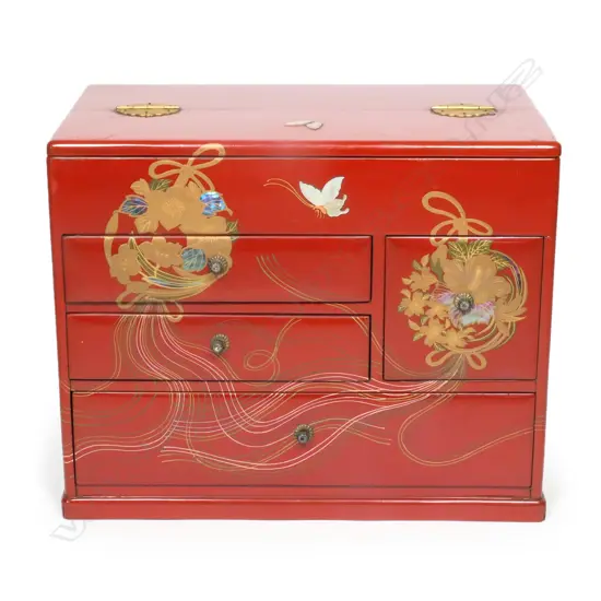A superb Japanese vermillion lacquered ‘Hari-Bako’ sewing box,