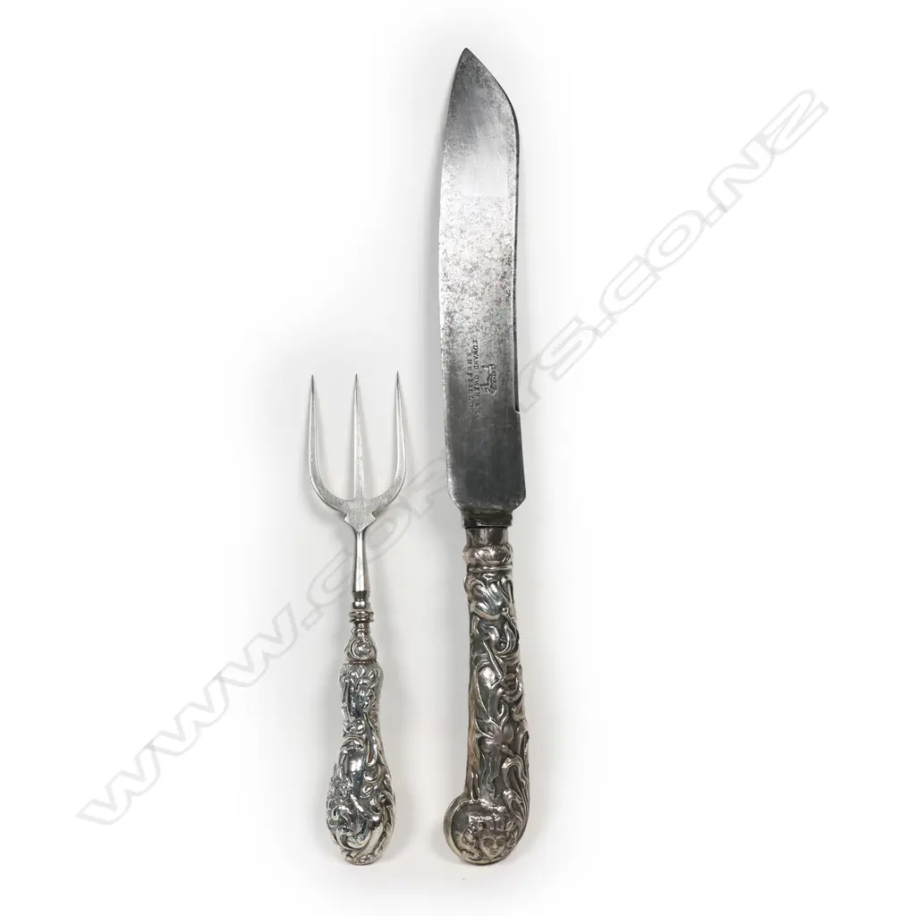 An Edwardian Art Nouveau silver handled cake knife and fork, Image 1++