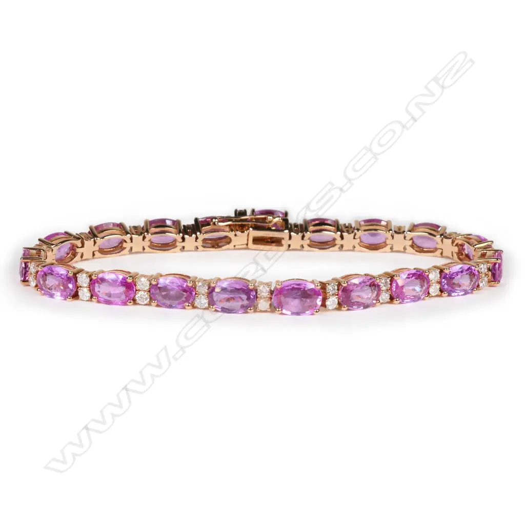 A 14ct rose gold, pink sapphire and diamond, tennis bracelet, Image 1++