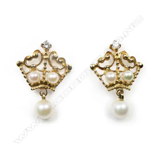 A pair of 9ct yellow gold, pearl and diamond earring,