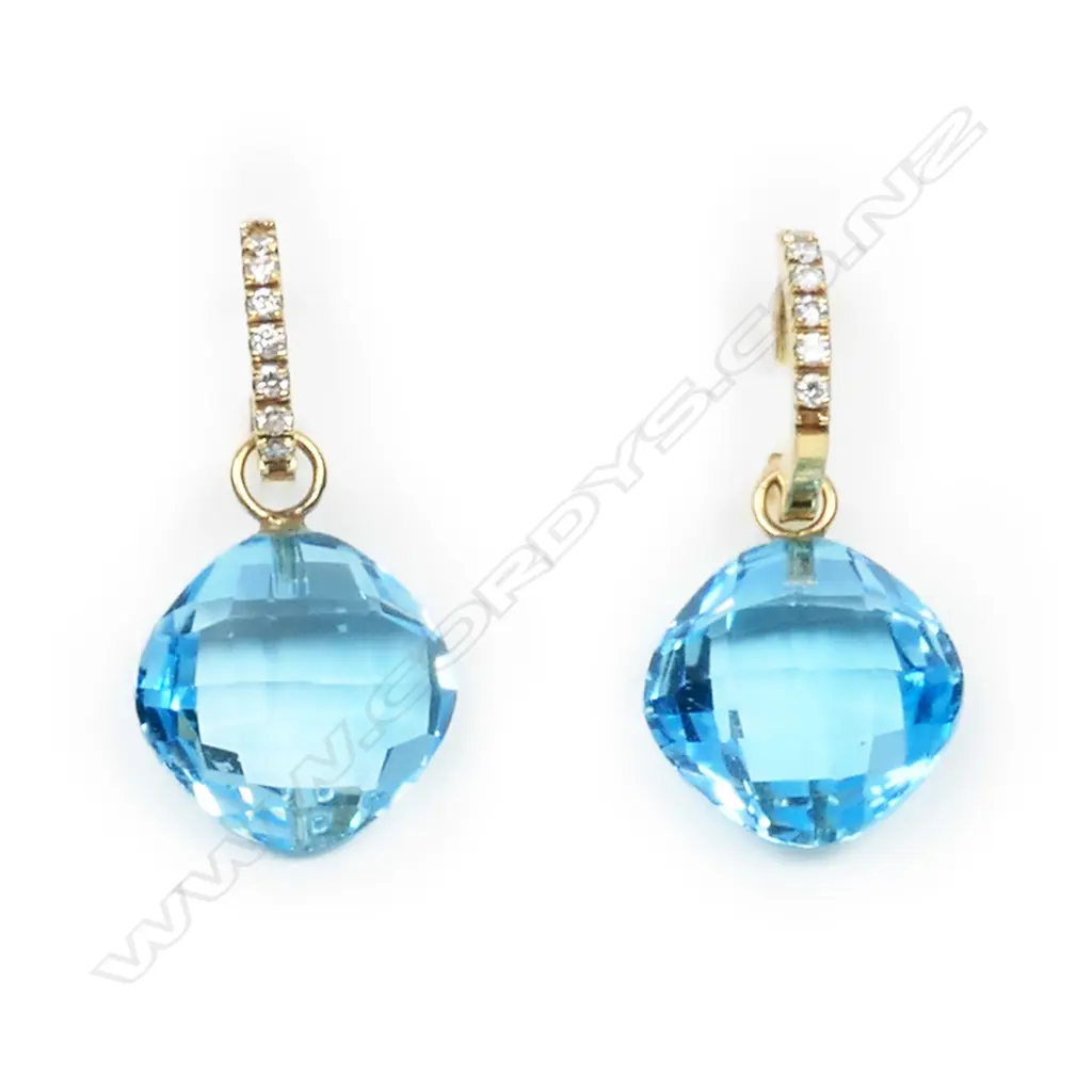 A pair of 18ct gold, diamond and blue topaz earrings, Image 1++