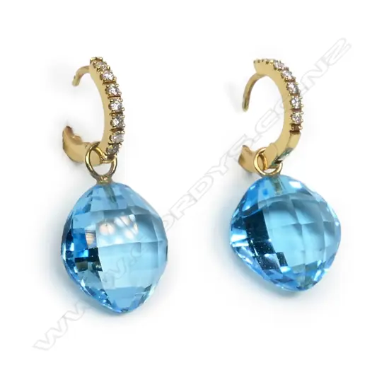 A pair of 18ct gold, diamond and blue topaz earrings,