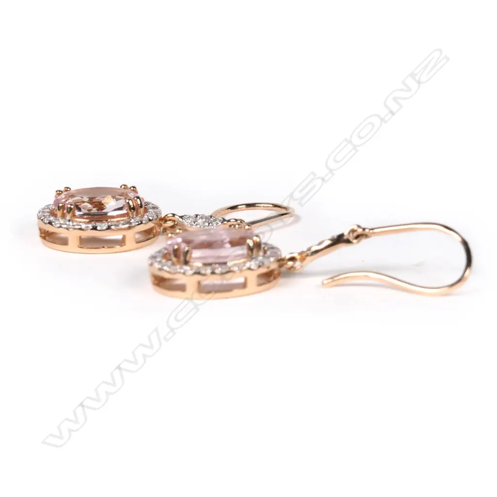 A pair of 14ct rose gold, morganite and diamond halo drop earrings, Image 1++
