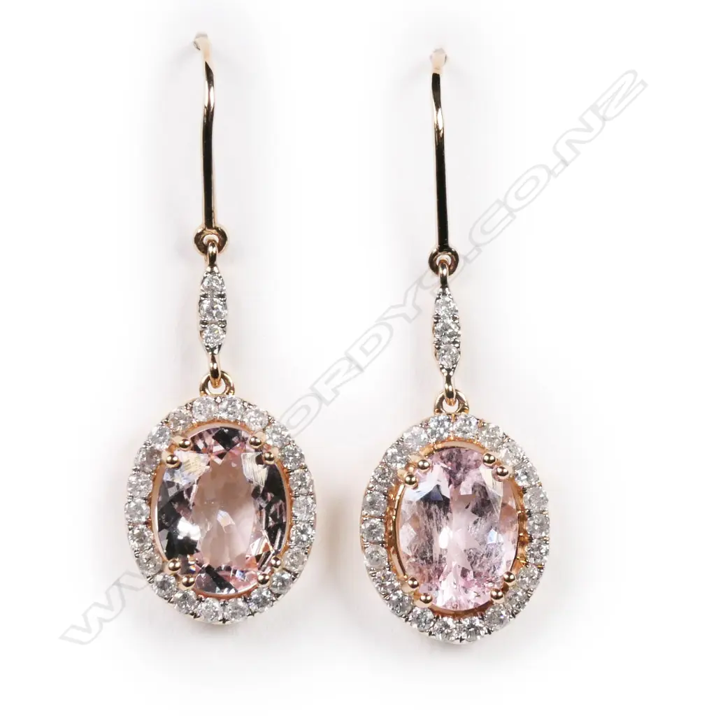 A pair of 14ct rose gold, morganite and diamond halo drop earrings, Image 1++