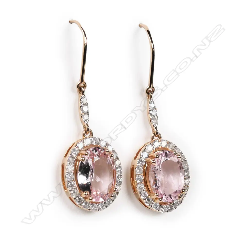 A pair of 14ct rose gold, morganite and diamond halo drop earrings, Image 1++