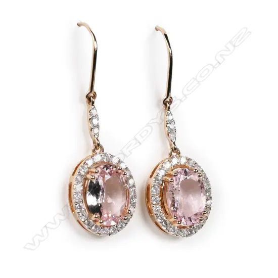 A pair of 14ct rose gold, morganite and diamond halo drop earrings,