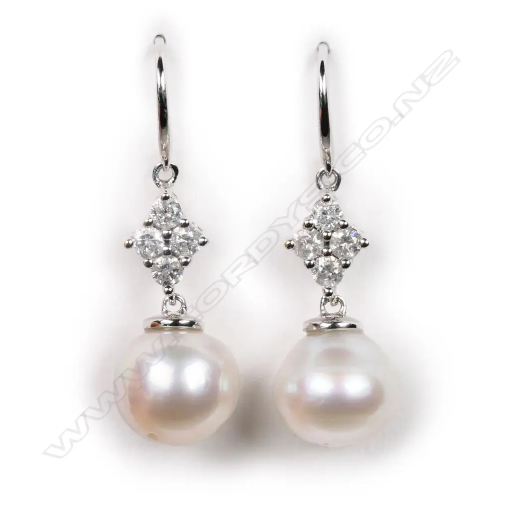 A pair of 14ct white gold South Sea cultured pearl and diamond drop earrings, Image 1++