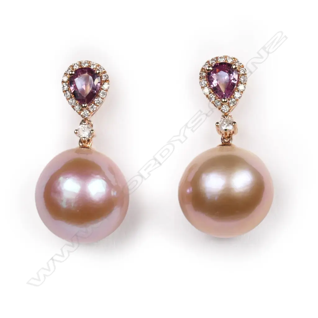 A 14ct rose gold, cultured pearl, sapphire and diamond drop earrings, Image 1++