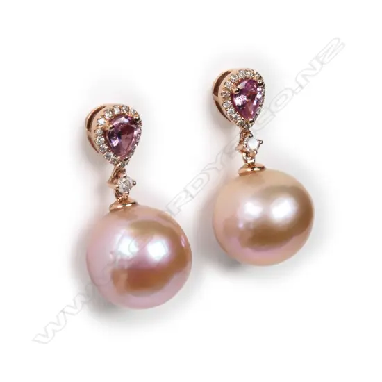 A 14ct rose gold, cultured pearl, sapphire and diamond drop earrings,