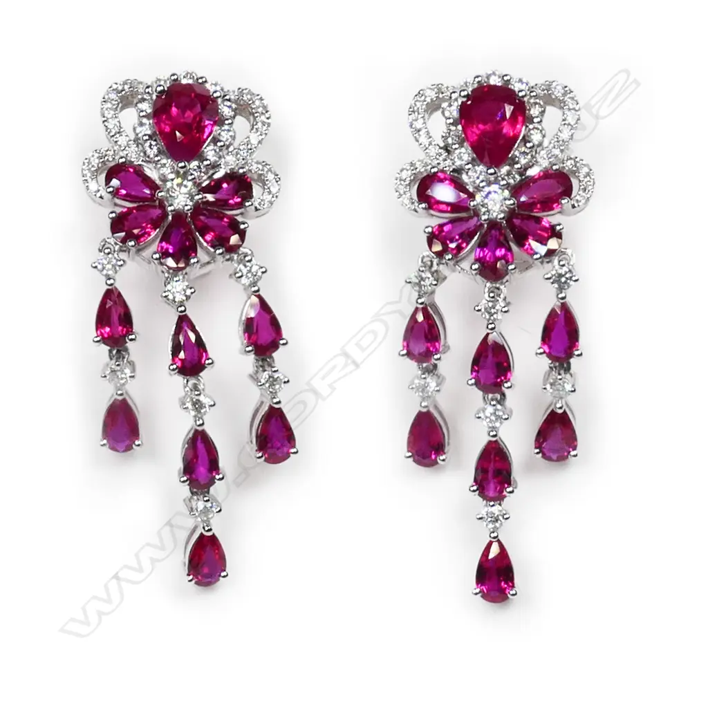 A pair of 18ct white gold, diamond and ruby chandelier drop earrings, Image 1++