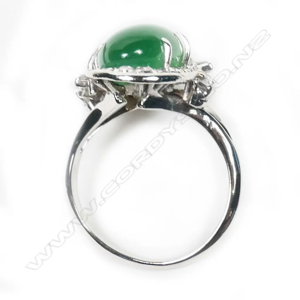 A vintage 14k white gold, jadeite and diamond cluster ring, Image 1++
