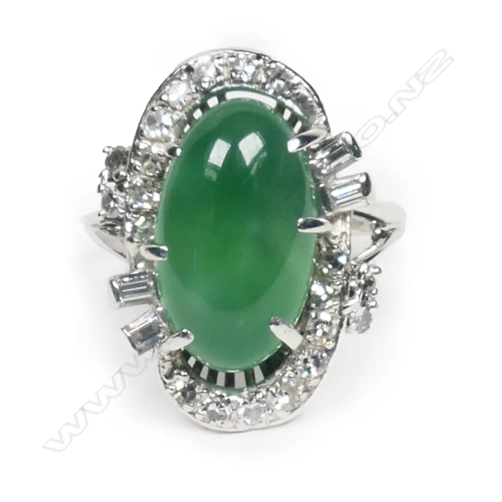 A vintage 14k white gold, jadeite and diamond cluster ring, Image 1++