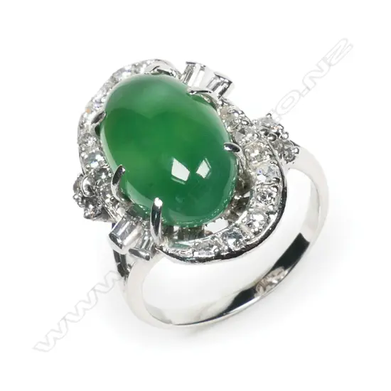 A vintage 14k white gold, jadeite and diamond cluster ring,