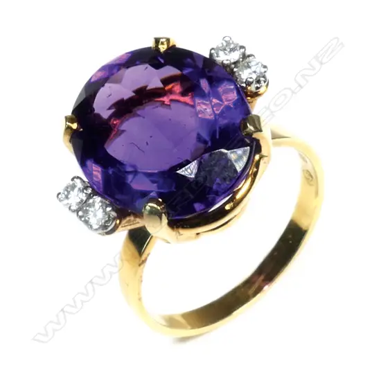 A stylish 18ct yellow gold large amethyst and diamond ring,