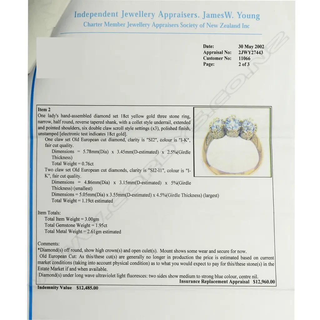 An estate 18ct. gold and three stone diamond ring, Image 1++