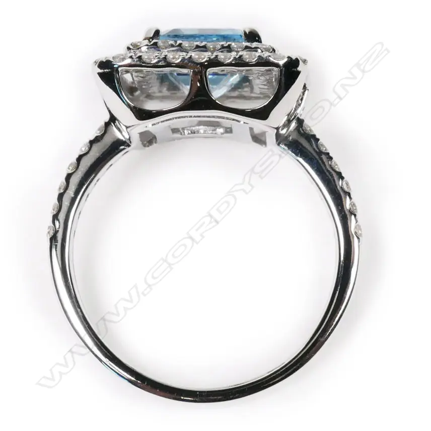 A 14ct white gold aquamarine and diamond, double halo ring, Image 1++