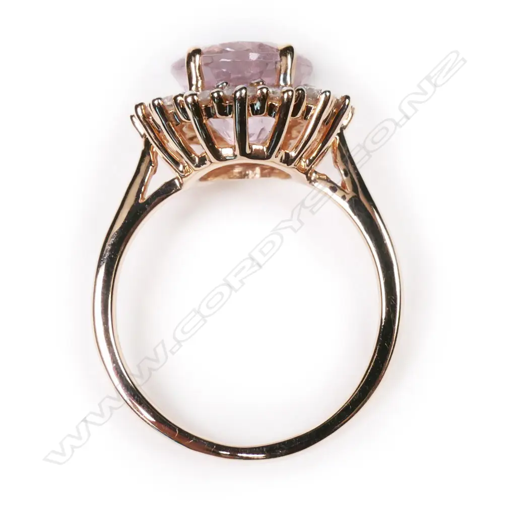 A 14ct rose gold, morganite and diamond halo ring, Image 1++