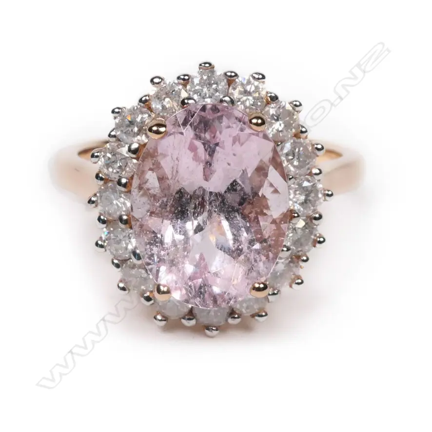 A 14ct rose gold, morganite and diamond halo ring, Image 1++