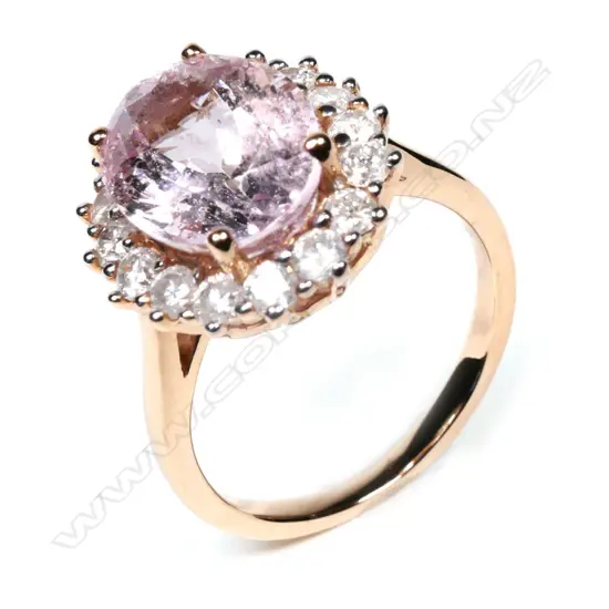 A 14ct rose gold, morganite and diamond halo ring,