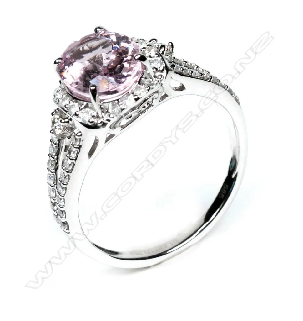 A 14ct white gold morganite and diamond halo ring, Image 1++