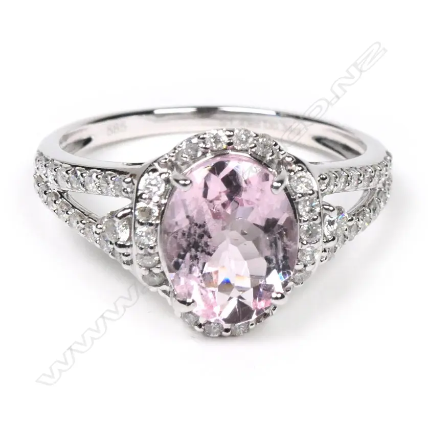 A 14ct white gold morganite and diamond halo ring, Image 1++