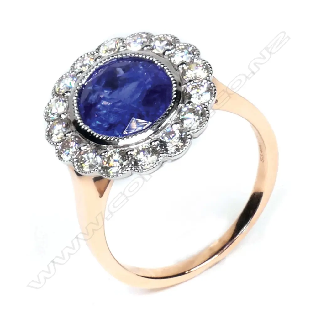 A 14ct rose and white gold tanzanite and diamond vintage style ring, Image 1++
