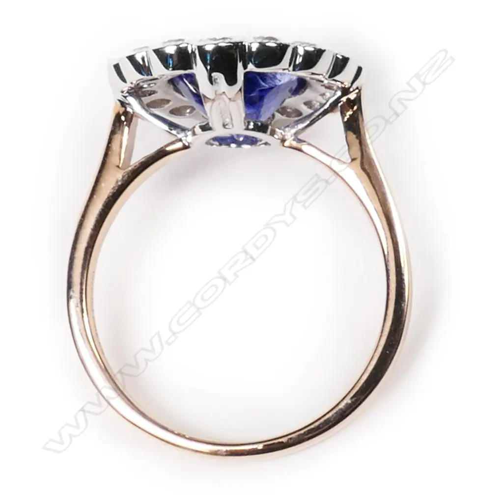 A 14ct rose and white gold tanzanite and diamond vintage style ring, Image 1++