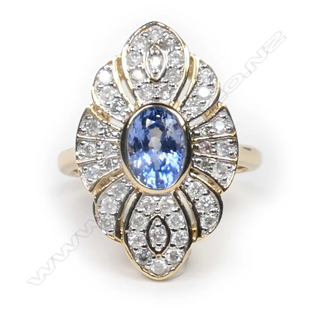 A 14ct gold, Ceylon sapphire and diamond antique style ring, Image 1++
