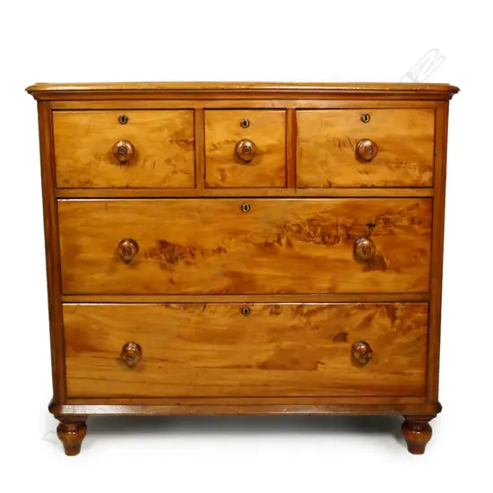 An uncommon heart matai New Zealand colonial chest of five drawers,
